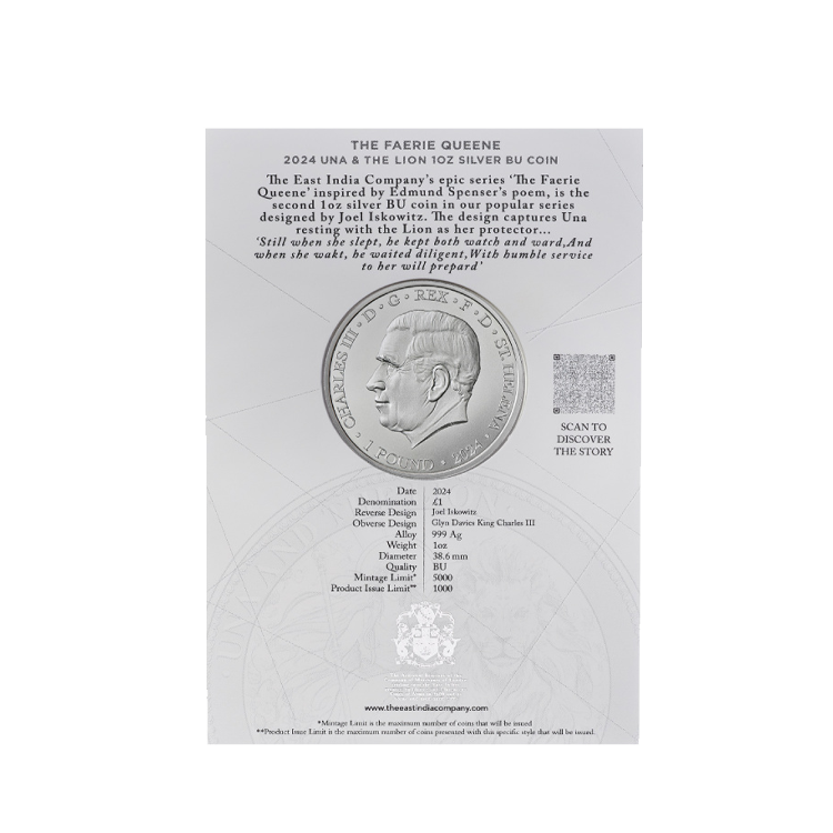 1 troy ounce silver coin St Helena Faerie Queene in card - Una and the Lion 2024 back