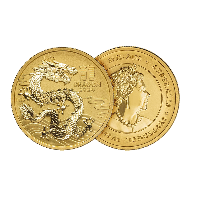 1 troy ounce gouden munt Lunar 2024 perspectief 1