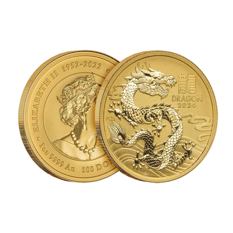1 troy ounce gouden munt Lunar 2024 perspectief 2