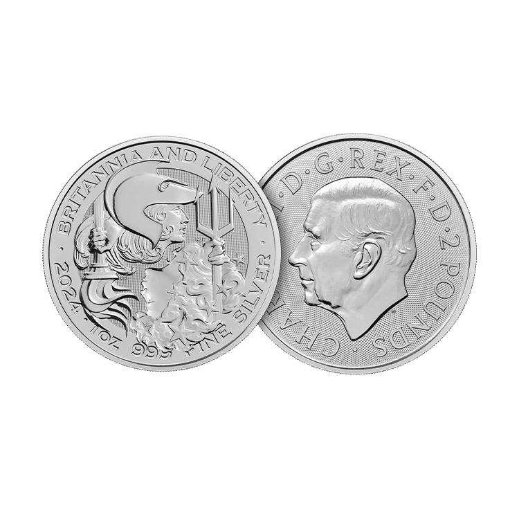 1 troy ounce zilveren munt Britannia and Liberty 2024 perspectief 1