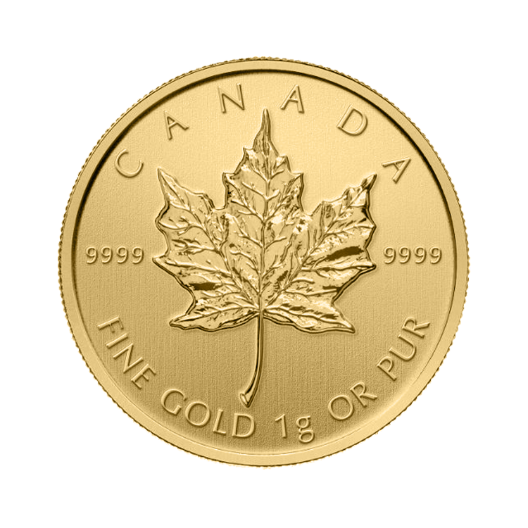 1 gram gold Maple Leaf coin front