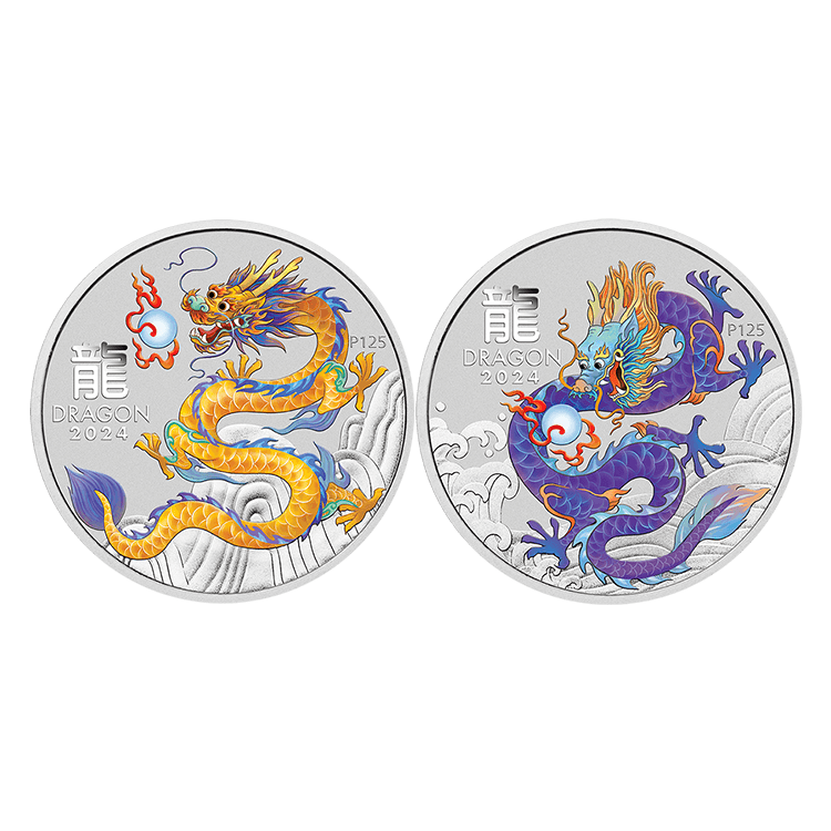 10x 1/2 troy ounce zilveren munten Lunar jaar van de Draak 2024 perspectief 1