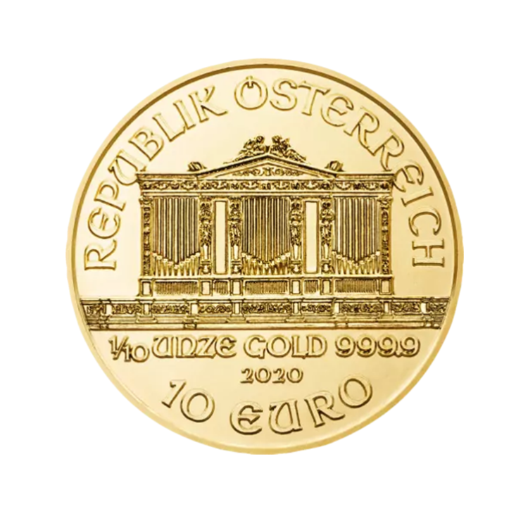 Voorkant 1/10 troy ounce gouden Wiener Philharmoniker munt