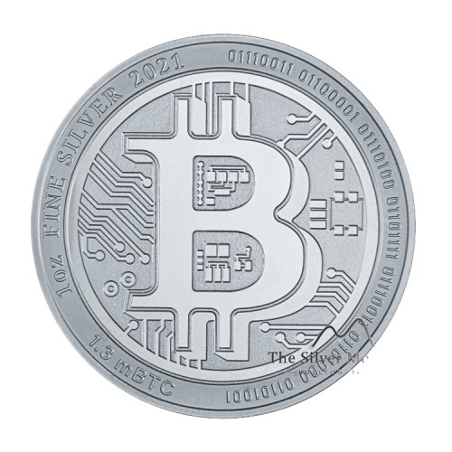 Voorzijde zilveren Bitcoin munt