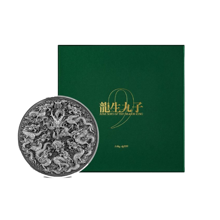 1,6kg zilveren munt Nine Sons of the Dragon King perspectief 1