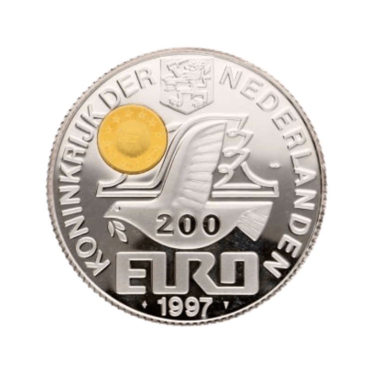 5 troy ounce zilveren 200 euro munt met 2 gram goud voorkant