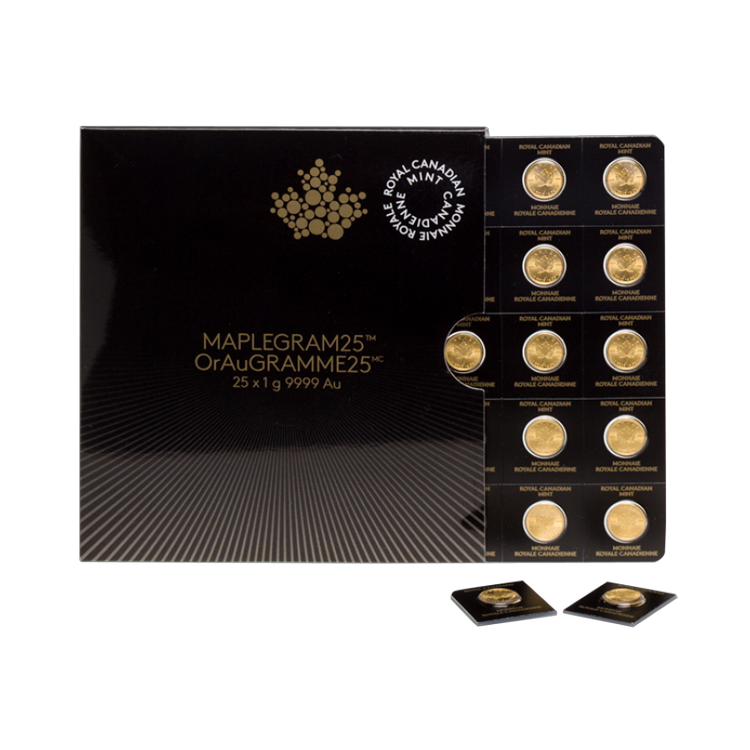 25x 1 Gram Gold Maple Leaf angle 1
