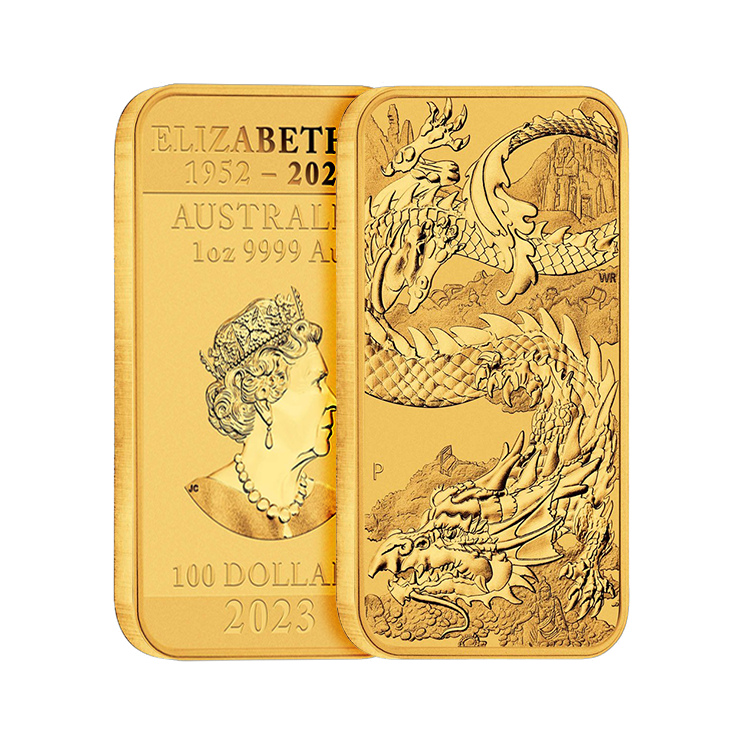 1 troy ounce gouden muntbaar Rectangular Dragon 2023 perspectief 2