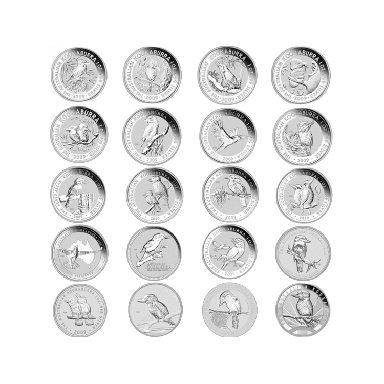 20-delige set 1 troy ounce zilveren Kookaburra 2009 voorkant