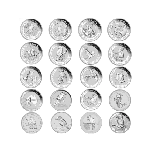 20-delige set 1 troy ounce zilveren Kookaburra 2009 voorkant