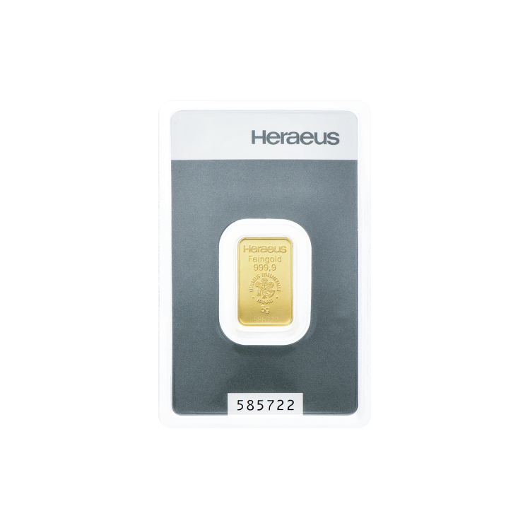 5 gram goudbaar Heraeus voorkant