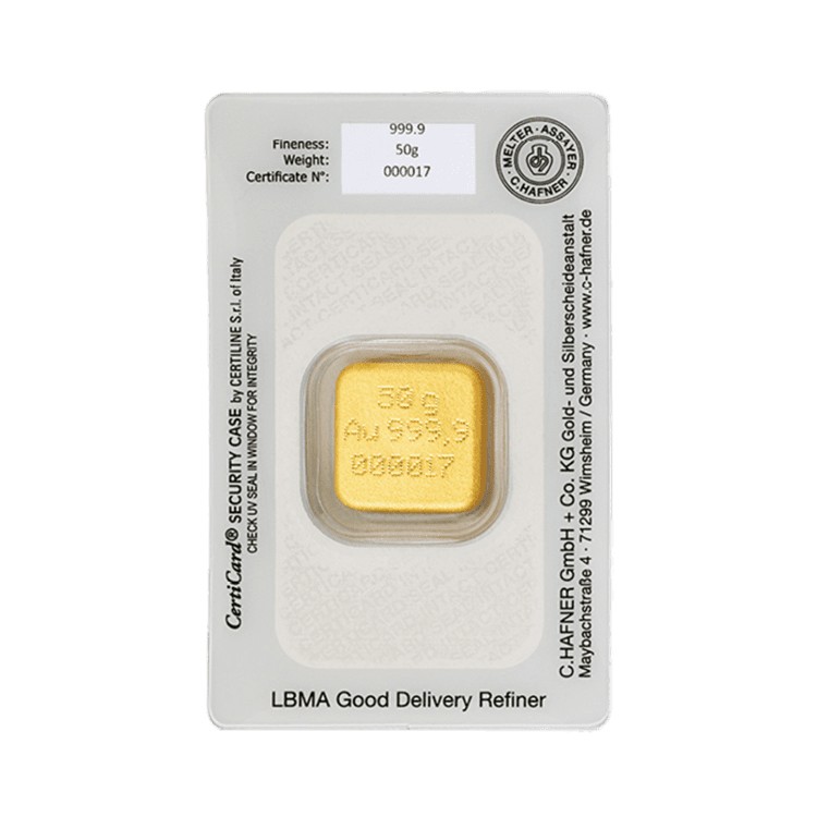 Goudbaar 50 gram C. Hafner Nugget achterkant