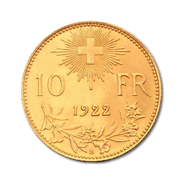 Gouden Zwitserse 10 Francs 1922 voorkant