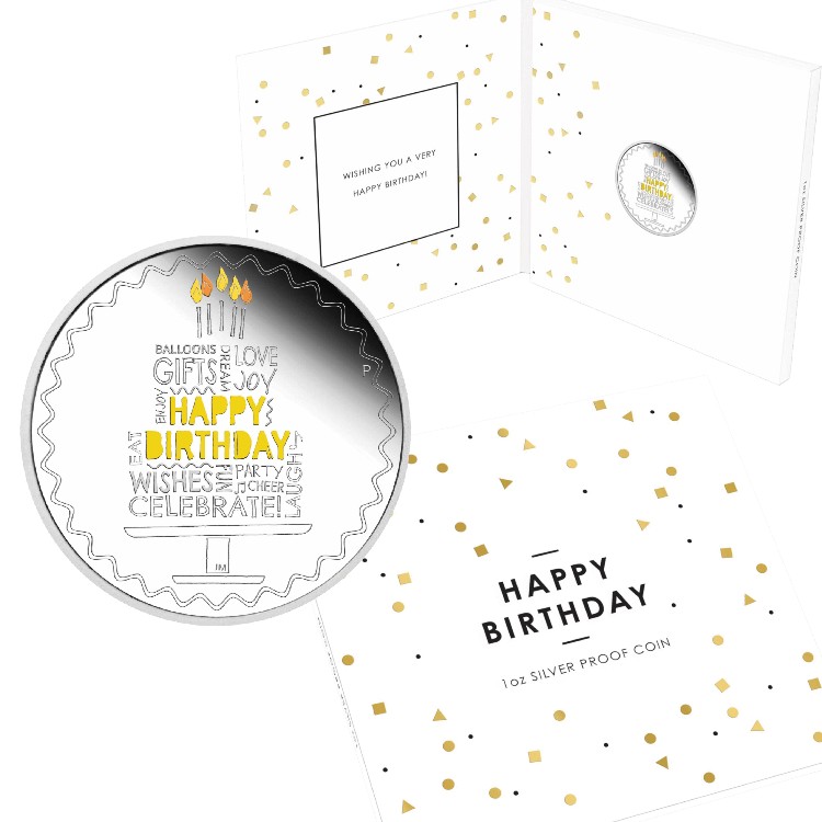 Zilveren Happy Birthday munt met verjaardagsverpakking perspectief 4
