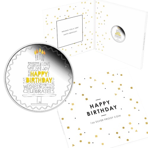 Zilveren Happy Birthday munt met verjaardagsverpakking voorkant