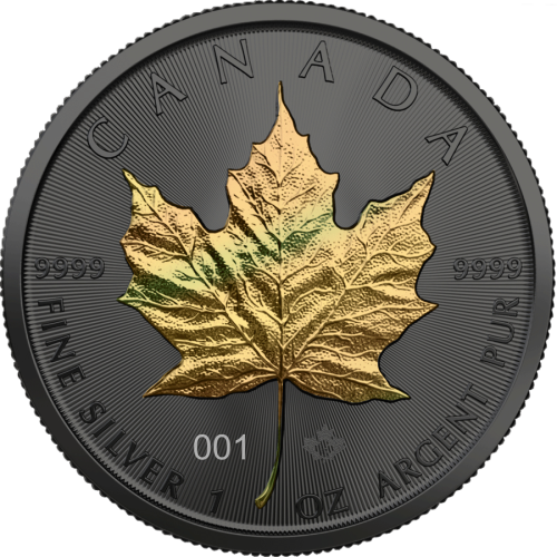 1 troy ounce zilveren munt gouden holo serie Maple Leaf 2021 voorkant