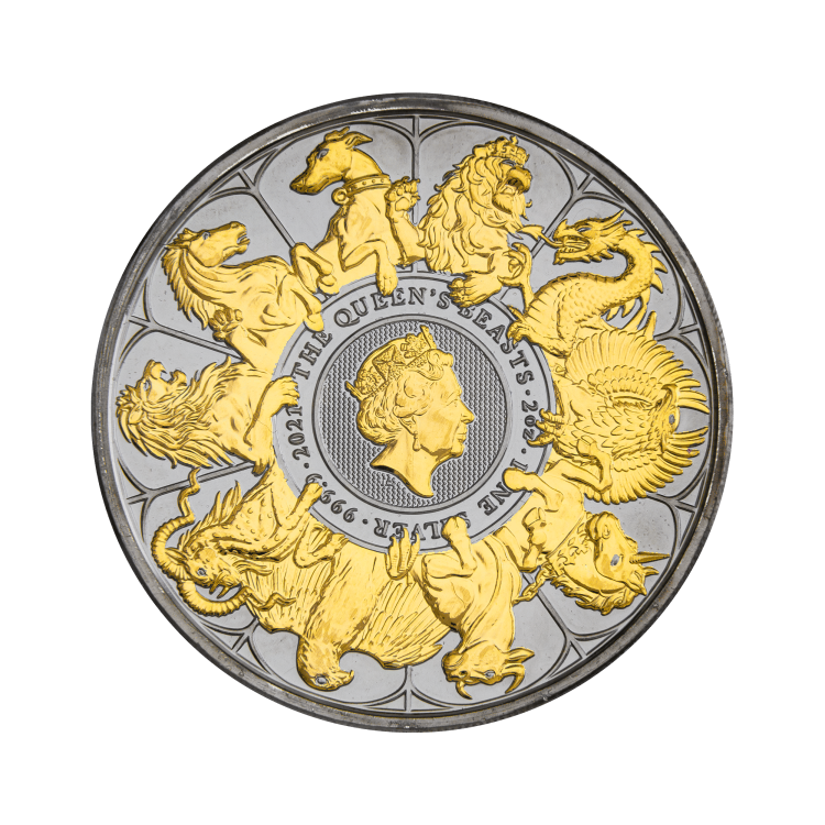 2 troy ounce zilveren Queens Beasts completer The Silver Mountain munt voorkant