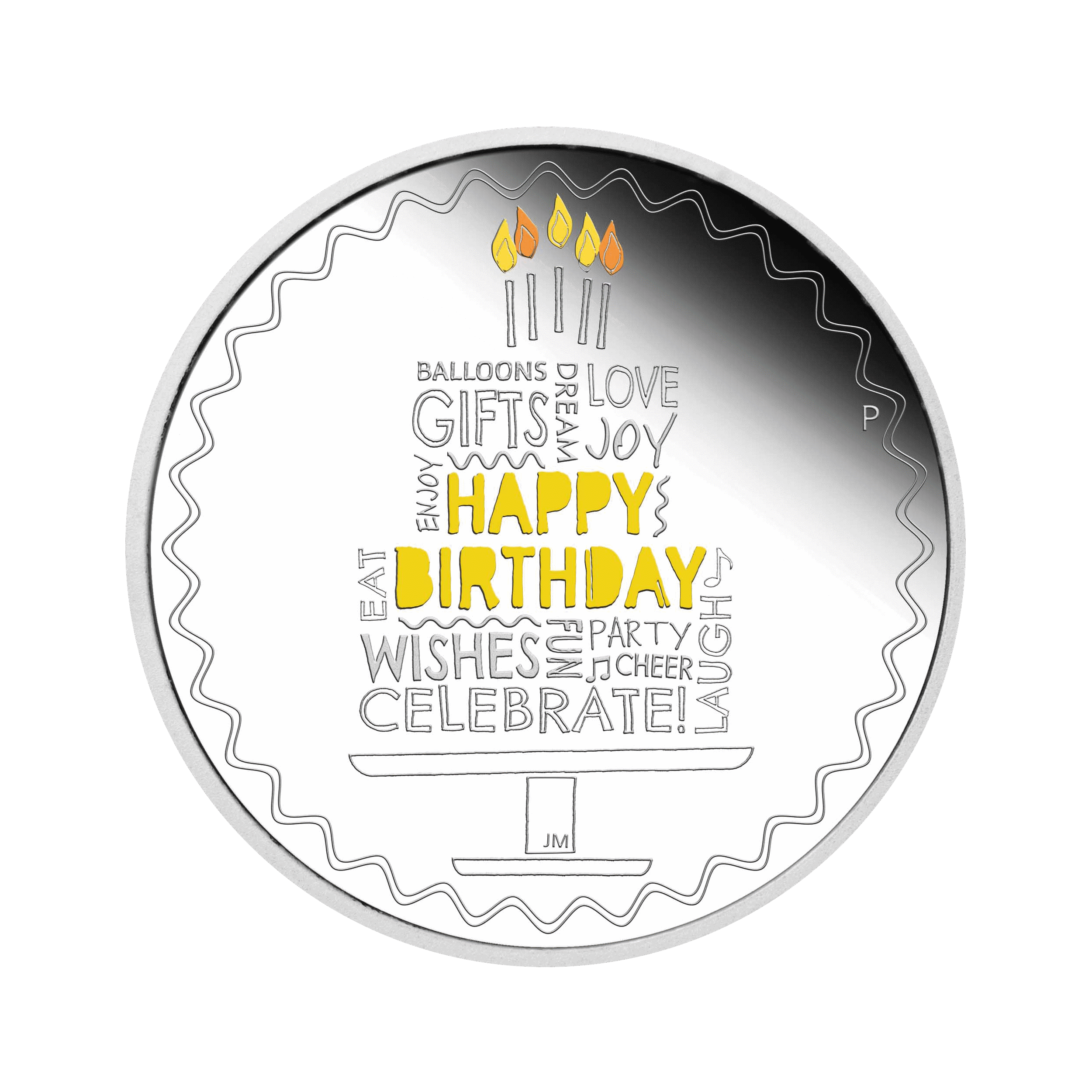 Zilveren Happy Birthday munt met verjaardagsverpakking voorkant