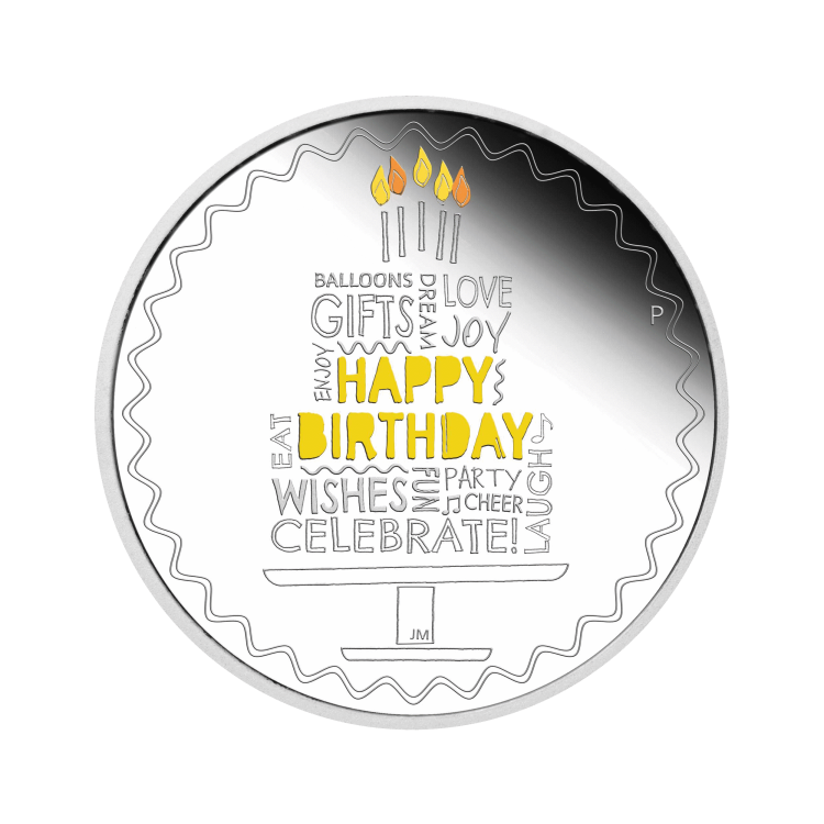 Zilveren Happy Birthday munt met verjaardagsverpakking voorkant