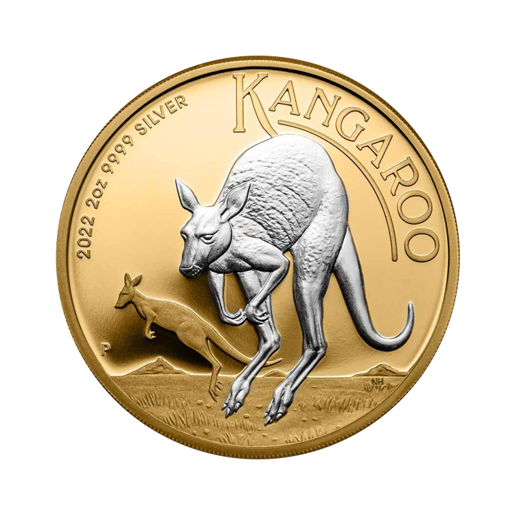 2 troy ounce zilveren Kangaroo munt verguld voorkant
